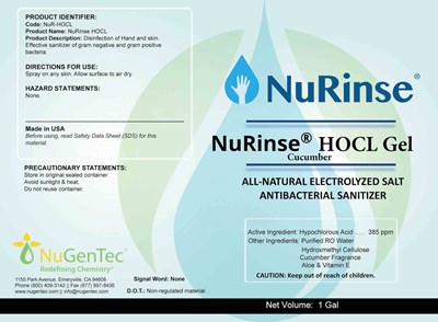 Nurinse Hocl Gel Front (Hocl Gel Cucumber Label 1 Gal 8.5x6.5  Fda Sm)